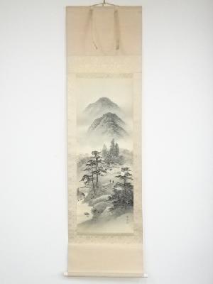 長野華渓筆　水墨山水　肉筆絹本掛軸（共箱）